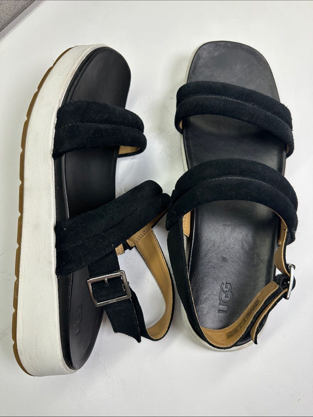 UGG Lynnden Strappy Sandals, Black Suede & White Platform, Buckle Ankle Strap